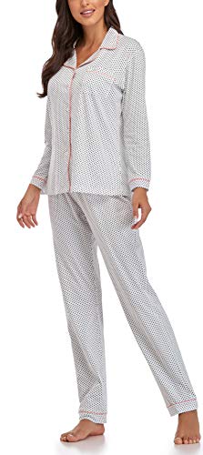 Pajamas for Women Sleepwear Lounge Set Cotton Comfy Long Button Down Nightwear Pajamas Set PJS for Women (Polka Dot, X-Large)