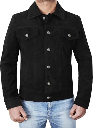 NM-Fashions Mens Trucker Suede Leather Jacket Black Western Style Cowboy Leather Coat, X-Large