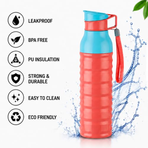 Image of CELLO Puro Steel-X Delta 900 PU Insulated Water Bottle for Office 705 ml Pink | Wide Mouth Easy to Carry with Strap Leak Proof Flip Top Lid Inner Steel Water Bottle for School Kids, College & Travel