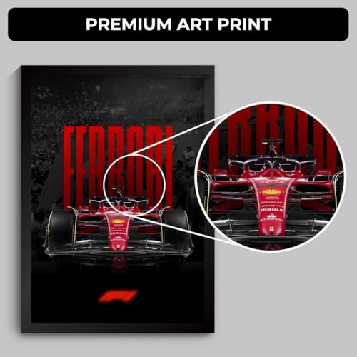 Image of Ferrari F1 Poster | Framed Ferrari F1 Car A4 Sized (31 x 23 cm) | Carlos Sainz, Charles Leclerc Poster, Lewis Hamilton Posters | Car Posters for Wall, Gift for Boys, Formula 1 Posters | Race Frames (F 003)