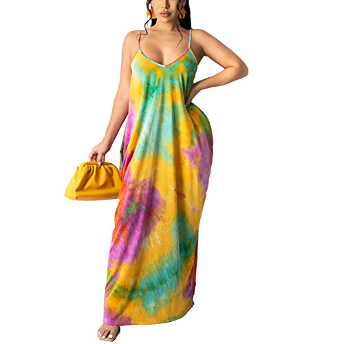 Image of BFFBABY Womens Summer Suspender Maxi Dress Plus Size Striped Printed Sleeveless with Pockets and Belt