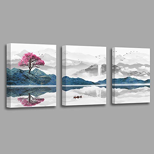 Blue Bathroom Decor Picture Art Pink Tree Grey Mountain White Cloud Nature Lake Canvas Wall Art Bedroom Artwork for Living Room Office Wall Decoration 3 Piece Framed Guest Room Wall Decor Gift