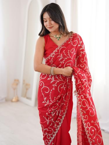 Image of AKHILAM Women's Red Georgette Embroidered Sequins Work Saree With Unstitched Blouse Piece (STARJAL1001 VH)