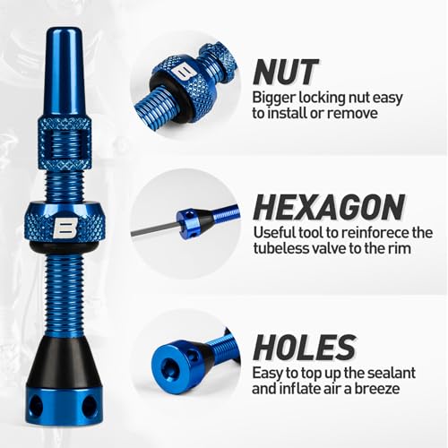 Image of BWSHLF Tubeless Presta Valve Stem 40 /44 /55 /60 /65 /80 /100 mm, Super Light Alloy Presta Valve Stem Kit with Valve Core Remover Tool and Valve Stem Caps - Multiple Color and Size Options(Pair)