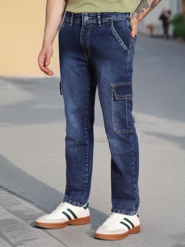 Image of Urbano Fashion Men's Regular Fit Washed Cargo Jeans with 6 Pockets Stretchable
