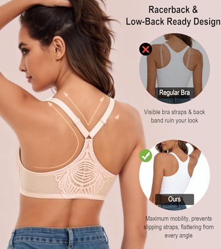 Image of HACI Women's Front Closure Bra Underwire Unpadded T-Back Plus Size Lacy Full Coverage Racerback T-Shirt Unlined