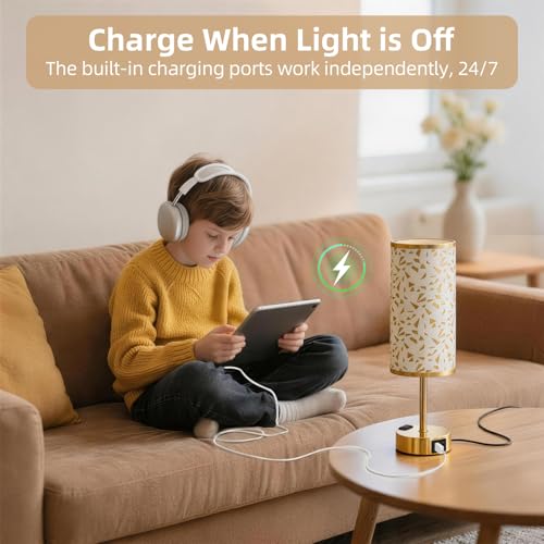 Image of Table Lamp, Dimmable Touch, AC Outlet, USB A+C (Triangle&Gold) | 3-Way Dimmable, Small Touch Lamp with Eye-Care LED Bulb, Ideal Bright Lighting Bedside Lamps for Nightstand, Bedroom, Reading