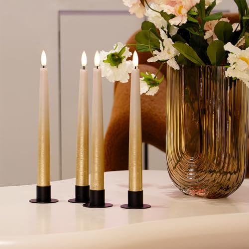 Image of Fanna 9.6 inch Flameless LED Taper Candles with Timer in Real Wax, Battery Operated Rustic Metallic Dinner Candlesticks with Remote, 8 Batteries Included - Set of 4 - Sand Grey /Gold