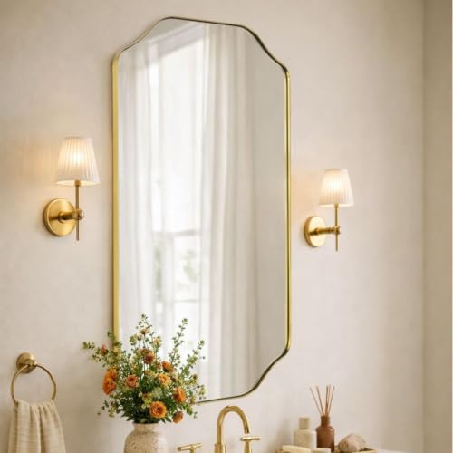TEHOME Scalloped Gold Bathroom Mirror Decorative Brushed Brass Metal Framed Irregular Bathroom Vanity Mirror 24x36''