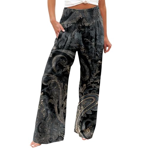 Leinenhose Damen Lang Boho Hosen Damen Elegante Blumen Druck Freizeithose Hohe Taille Palazzo Hosen mit Tunnelzug und Taschen Leicht Luftig Strandhose Böhmischer Stil Yogahose