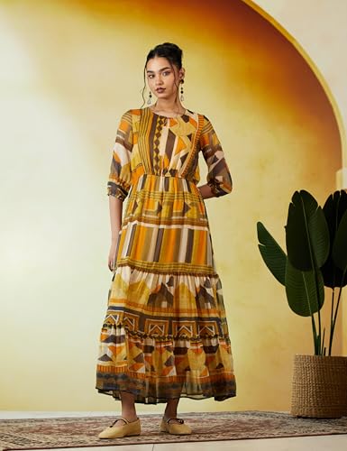 Image of BIBA Women Cotton Blend Tiered Printed Dress