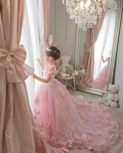 Tulle Flower Girl Dress for Wedding 3D Floral Pageant Dress with Train Princess Ball Gown for Girls First Communion2