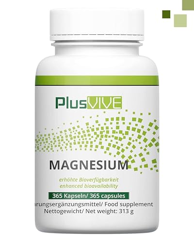 PlusVive Magnesium Kapseln hochdosiert I 1x 365 Kapseln I 700mg Magnesium Hydroxid pro Kapsel I Magnesium aus Meerwasser I mit Papain & Spirulina I Nahrungsergänzungsmittel vegan & laborgeprüft