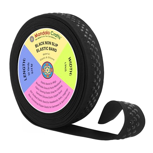 Mandala Crafts 1 Inch Elastic Silicone Gripper Tape for Clothing - 10 Yds Dotted Non Slip Elastic Band for Sewing - Black Silicone Flat Fabric Stretchy Ribbon Straps