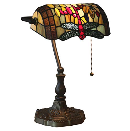 Bankers lampe de bureau vintage en verre taché style Tiffany avec double chaînette