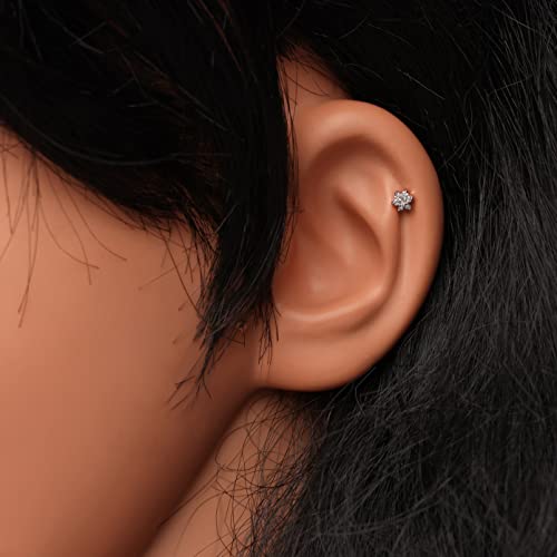 Natural Diamond 7 Stone Flower Nose Stud In 14K White Gold With 8 Mm 16 Gauge Internally Threaded Screw Post #TOP3