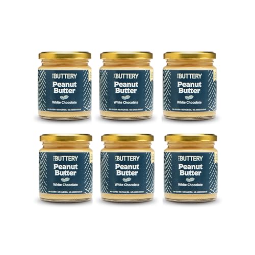 The Buttery – Peanut Butter White Chocolate/Crema de Cacahuete con Chocolate Blanco, 100% Cacahuete Alto Oleico Saludable, Sin Aceite de Palma, Fuente Proteína - 220g - 6 Pack