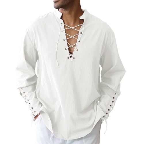 Image of CTU Men's Cotton Shirt Pirate Shirt Medieval Viking Renaissance Costume | V-Neck,Drawstring Collar,Linen Tunic,Ren Faire,Plus Size,Goth,Big and Tall,Halloween