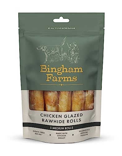 Bingham Farms Chicken Glazed Rawhide Roll Dog Treat Dental Chew Nutritious Natural Flavour High Protein Medium - 5 pk - 90 g