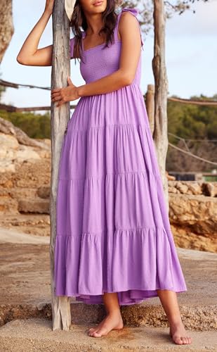 Image of kinstell Women's Summer Boho Spaghetti Strap Square Neck Ruffle Casual Flowy Long Dress Beach Swing Party Maxi Dress