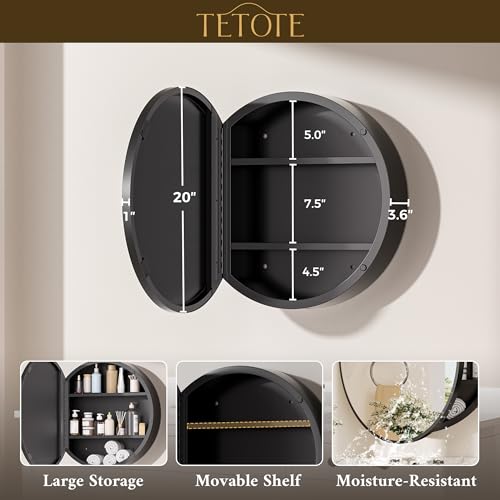 Image of TETOTE 20 x 20 Inch Medicine Cabinet Mirror Black Framed Round Mirrored Medicine Cabinets for Bathroom Adjustable Shelves Modern Bathroom Mirror with Storage Wall Mounted