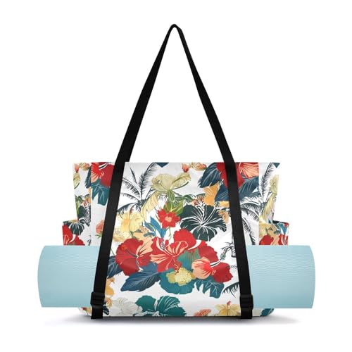 Lxqimora Hibiscus Palm Trees White Yoga Mat Bag for Women Water-Resistant Gym Bag with Yoga Mat Holder Tote Bag for Gym Travel Office Pilates