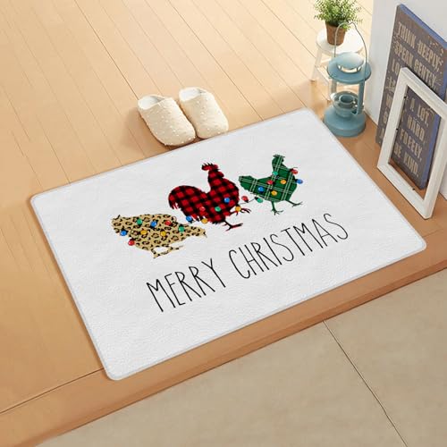 Merry Christmas Farm Kitchen Bath Door Mat Cushioned Runner Rug,Washable Welcome Floor Sink Antifatigue Mat,Waterproof & Non-Slip Comfort Standing Doormat,Rooster Hen Leopard Print Plaid 24