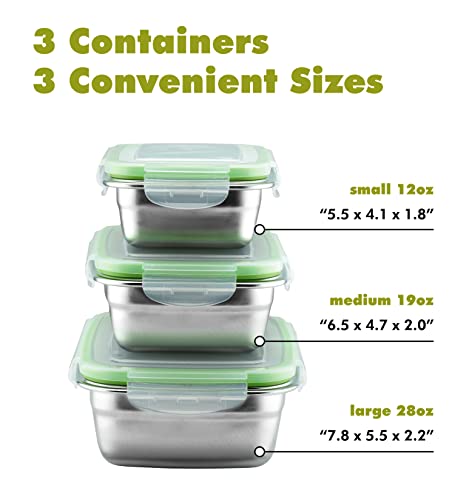 Klee Set Of 3 Food Storage Containers With Airtight Lids (12Oz,19Oz, 28Oz) - Premium 304 Stainless Steel Containers, Bento Boxes, Lunch Boxes, Meal Prep Containers For Kitchen, School, Office, Travel #TOP6