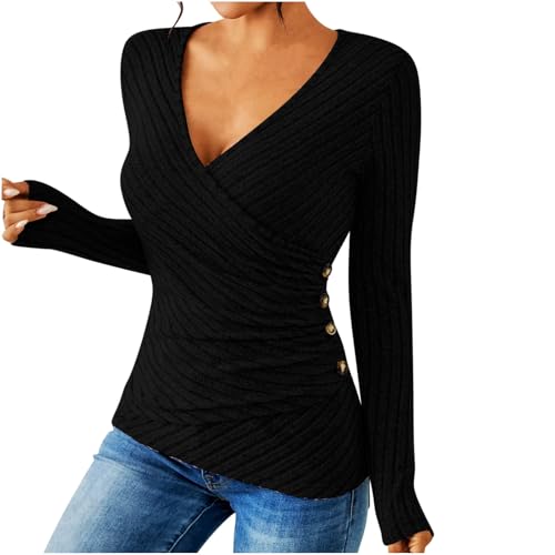 Womens Casual Knitting Tops Slim Fit V Neck Long Sleeve Button Trim Shirts Comfy Going Out Y2K Blouses for Teen Girls