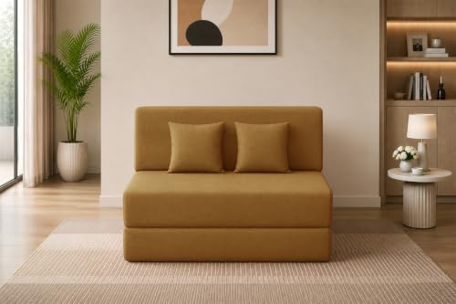 Image of Los Angeles Foldable 2 Seater Sofa Cum Bed, Sofa Bed 4X6 Feet Jute Fabric Washable Cover- Including Two Cushion Perfect for Living Room - Golden Color