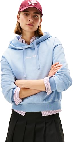 Tommy Hilfiger Sweat à Capuche Femme Classic Script Fleece avec Capuche, Bleu (Brisk Blue Heather), XL