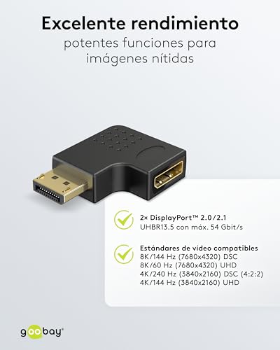 goobay Adaptador Angular DisplayPort 90 Grados a la Izquierda, 8K 144Hz, 4K 240Hz, DP 2.1, Conector Gaming a zócalo para PC, Monitor, Tarjeta gráfica - 77132 - imagen 6