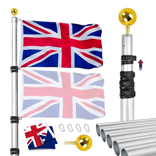 iElyiEsy 20FT Telescopic Flagpoles Adjustable Heavy Duty Aluminum Telescoping Flag Pole Kit with 3x5 UK Flag & Golden Ball Topper for Outside House Yard Ground Residential Commercial, Silver
