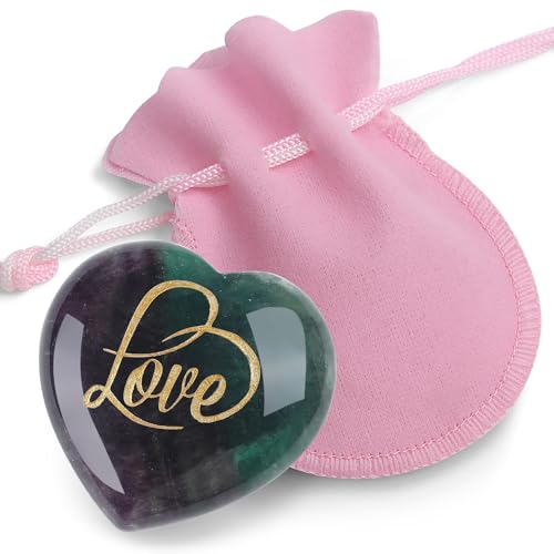 ZHIYUXI 45mm Fluorite Crystal Engraved Heart Crystal Stone Healing Gifts Gemstones Heart Rocks Polished Stones Fluorite Gem Meditation Gifts for Women Men Reiki Energy Balance