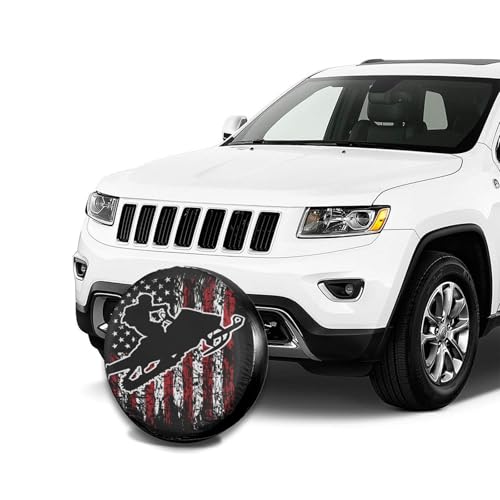 Image of Vintage American Flag Snowmobiling Snowmobile Rider Spare Tire Cover Wheel Protectors Dust-Proof Sun Protection Wheel Tire Covers Universal Fit for Truck SUV RV Camper Trailer 16 inch