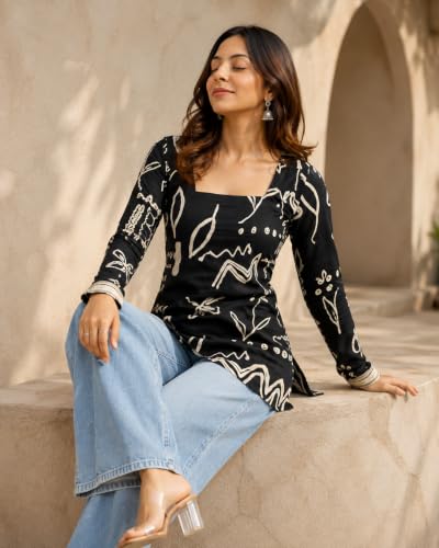 Image of Women's Cotton Floral Printed V-Neck A-Line Kurta /Regular Fit Kurti-3 /4 Sleeve
