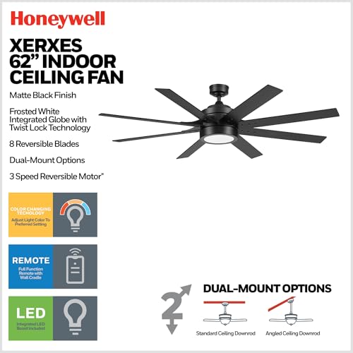 Image of Honeywell Ceiling Fans Xerxes, 62 Inch Modern Indoor Ceiling Fan with Lights and Remote Control, Color Changing LED, 8 Dual Finish Blades, Reversible Motor - 51904-01 (Black)
