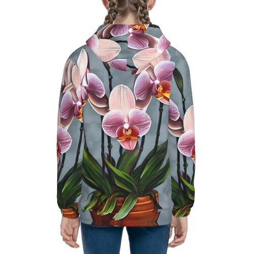 X-Large Blooming Orchids Print Girls Athletic Zip Up Hoodies,Sweatshirts with Pockets Long Sleeve Hooded Jackets, for 7-18 Y Black4