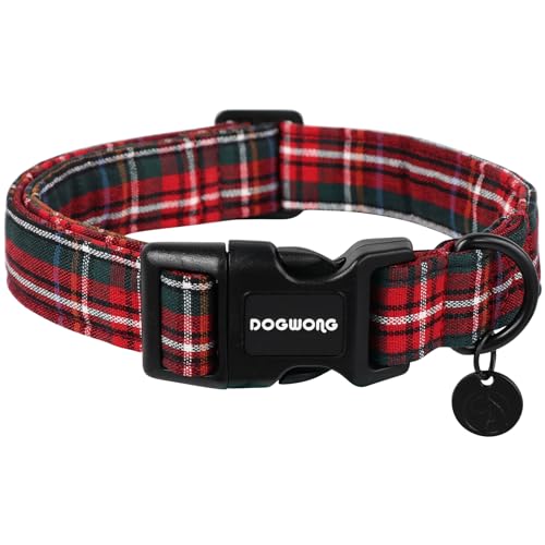DOGWONG Christmas Cotton Dog Collar - Heavy-Duty Red Plaid, Durable Soft Fabric Pet Collar - Cute Christmas Checked Puppy Necklace for Small, Medium, Large Dogs