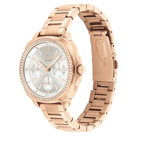Image of Coach Kitt Qtz Multifunction Grey Tonneau Dial Women's Watch|Ionic Plated Rose Gold Steel Material|Rose Gold Color Band - 14504395