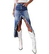 Flamingals Womens' High Waist Midi Stylish Raw Hem Split Asymmetrical Wash Denim Skirt
