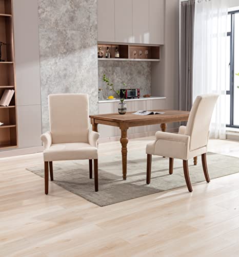 Restworld Fabric Arm Dining Chair,Tufted Upholstered High Back Nailed Trim With Untique Oak Wood Legs For Kitchen Restaurant Room Bedroom (Ivory) #TOP6