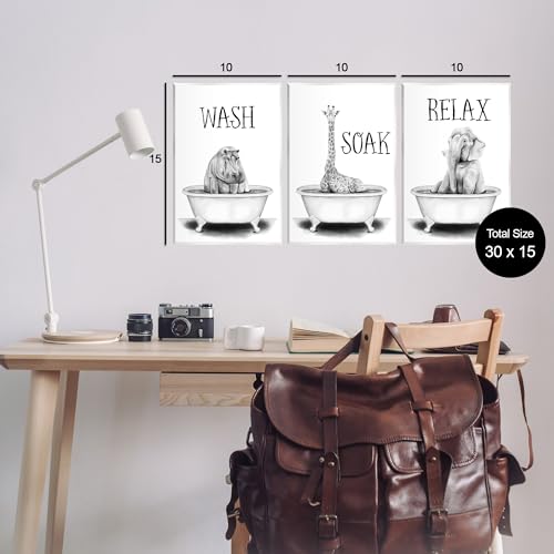 Image of Jungle Animals Bath, 10 x 15 Inch Mounted Print on Wall Plaque Set | Stupell Industries . By Rachel Nieman . Ready to hang . Great for bathroom decor . Made in USA