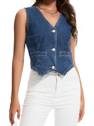 Womens Denim Vest Sleeveless V Neck Button Down Jean Jacket Y2K Summer Crop Tops2