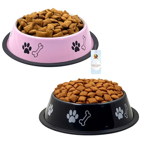 Image of Foodie Puppies Stainless Steel Dog Bowl Combo - (Medium, 700ml) Food and Water Feeding Gift Bowl | Suitable for Dogs, Cats and Other Pets I Paw Bone Print, Anti-Skid Rubber Base (Pink + Black)