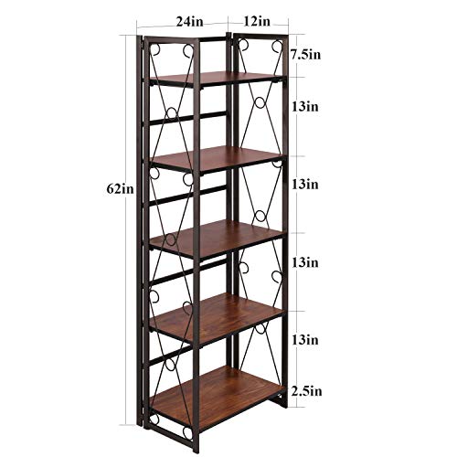 Vecelo 5 Tier Folding Bookshelf, No Assembly Book Shelf Bookcase, Industrial Metal Free-Standing Shelves Organizer Home Decor For Living Room, Bedroom, Study, Kitchen, Walnut #TOP2