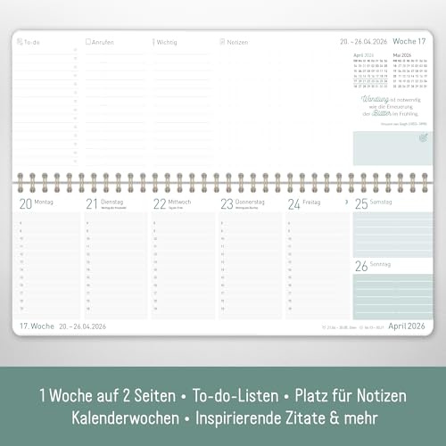 Häfft® Wochen-Tischkalender 2026 quer mit Aufsteller Minty Leaves 1 Woche 2 Seiten, Schreibtisch-Kalender mit Sprüchen, Wochenkalender 29,7 x 11,6 cm - nachhaltig & klimafreundlich