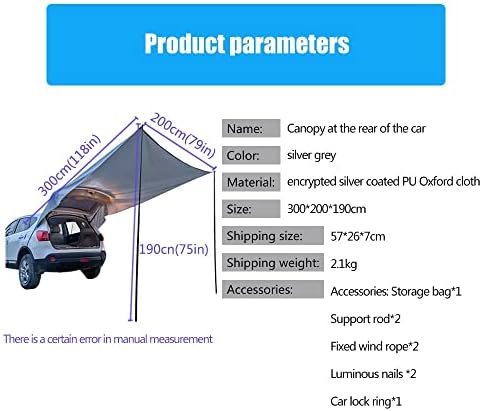 Canvas Car Side Awning Rooftop Pull Out Tent Shelter PU2000mm Shade SUV Outdoor Camping Travel Khaki ( Color : Silver grey )