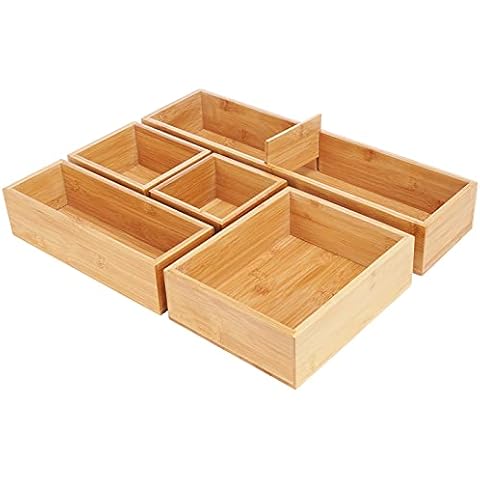 Bamboo Drawer Organizer Box Set, 5 Individual Storage Containers for Makeup Utensil, Drawer Organization for Kitchen, Vanity, Dresser, Pantry, Garage, Office Cover