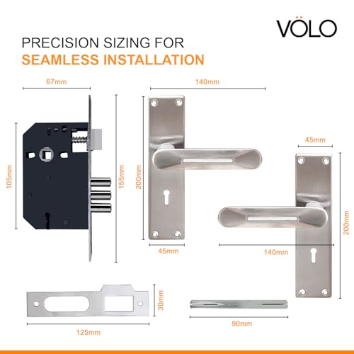 Image of VOLO Stainless Steel Mortise Lock | 8 Inch Lock Body | Main Door Handle Set with Keys | Wooden Door Lockset | Hotel Office Home Door Lock | 3 Keys | 10 Year Lock Body Warranty (Silver | KY | 6014)